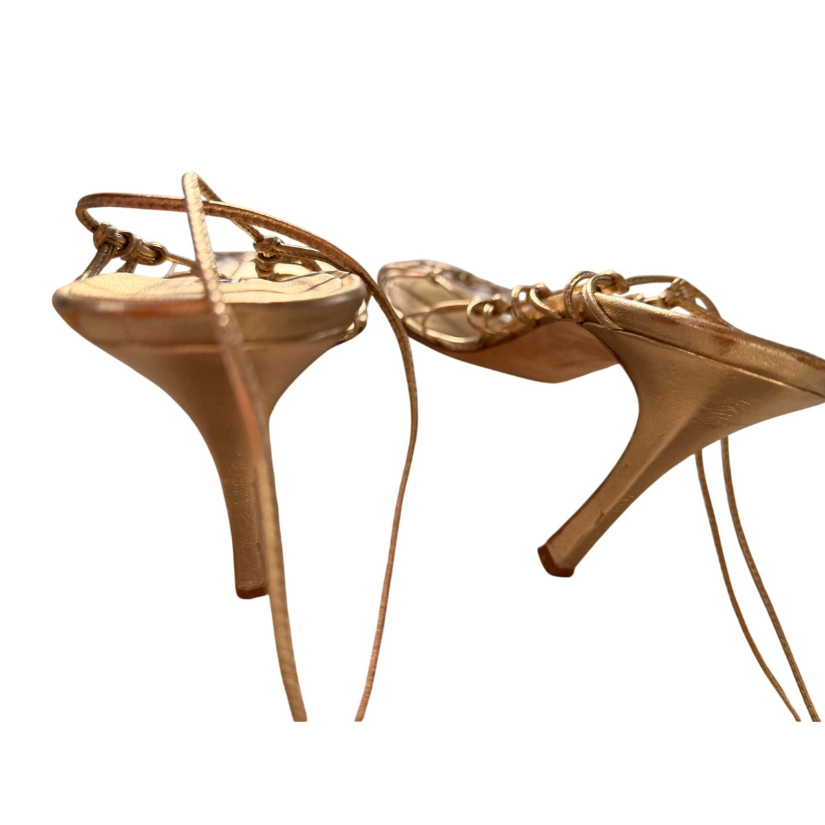 Manolo Blahnik Gold Metallic Caged Ankle-Tie Stiletto Sandal EU 41