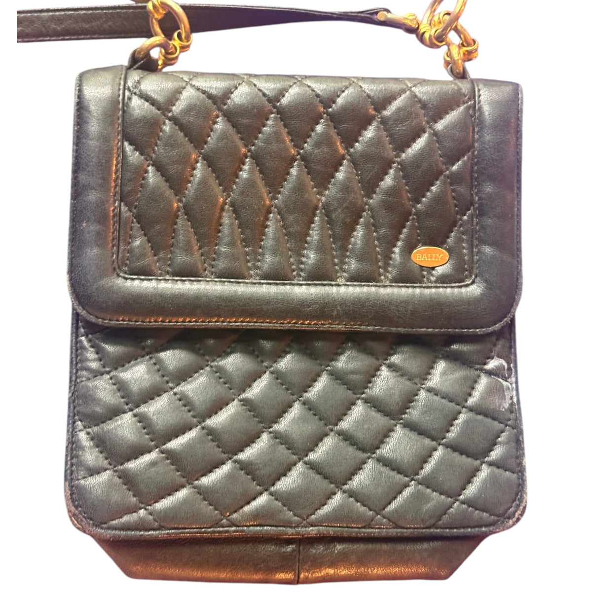 Bally Quilted Black Leather Shoulder Bag Gold-Tone Chain Strap - Image 2