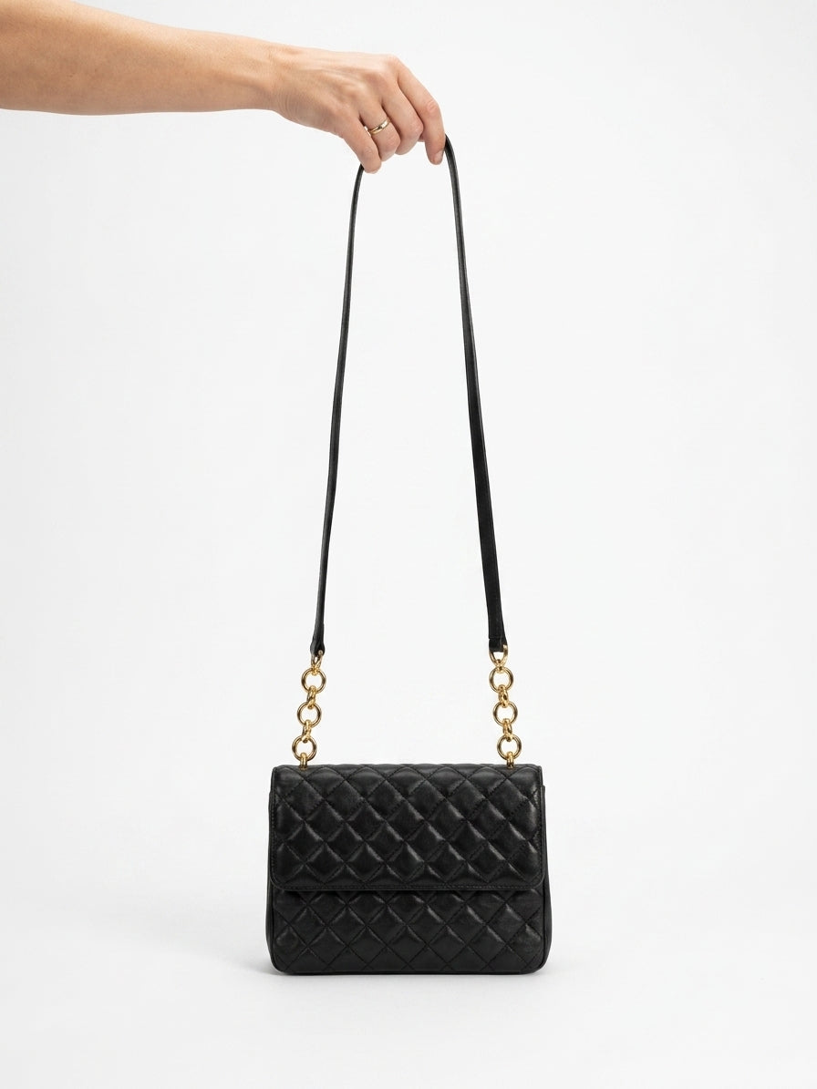 Bally Quilted Black Leather Shoulder Bag Gold-Tone Chain Strap - Image 4