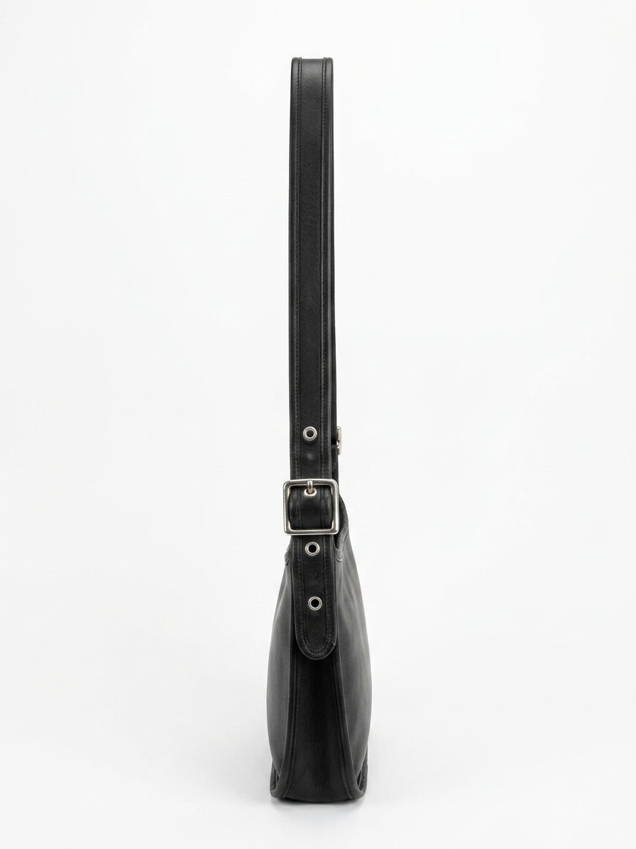 Black Leather Shoulder Bag Adjustable Strap Silver-Tone Hardware - Image 3
