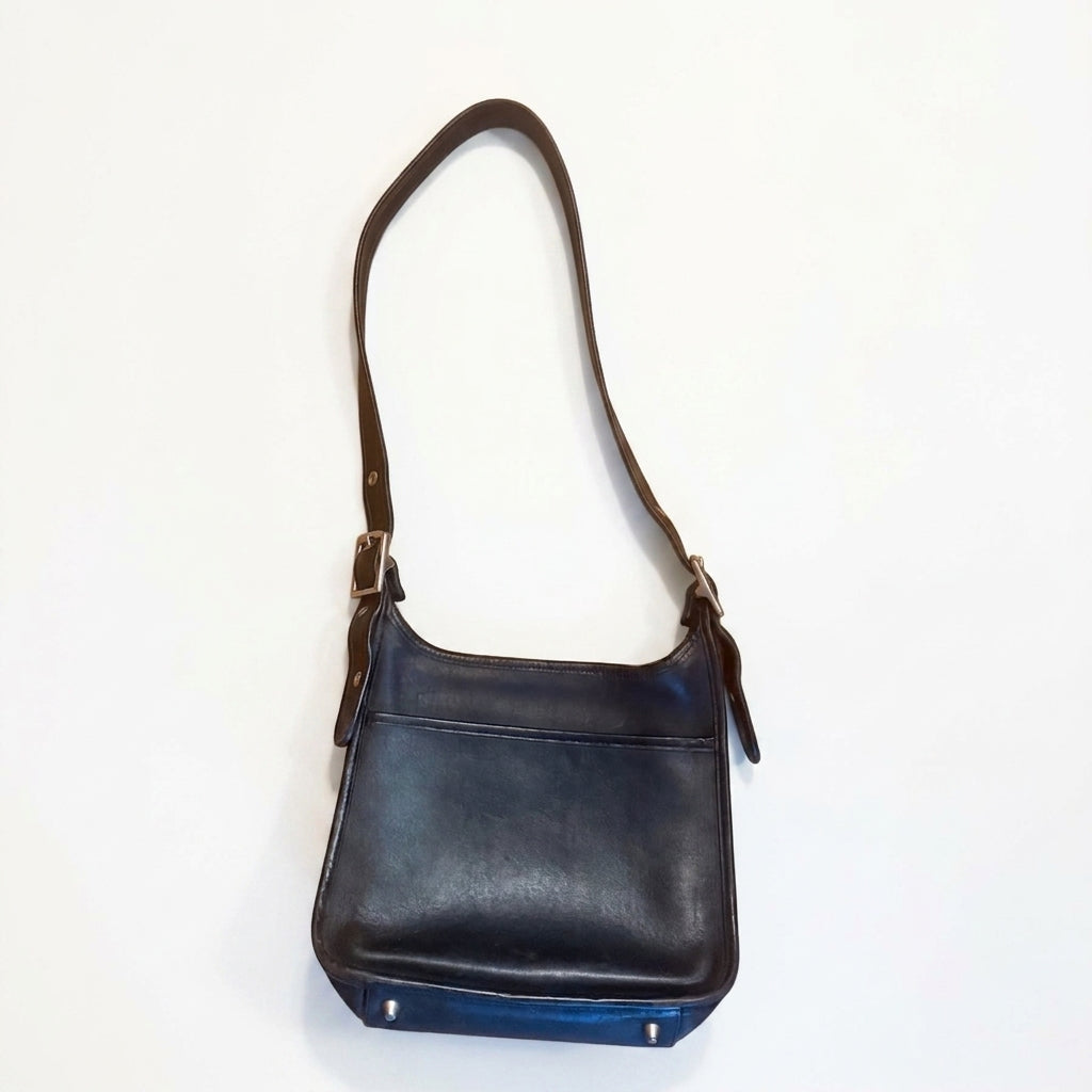 Black Leather Shoulder Bag Adjustable Strap Silver-Tone Hardware - Image 1