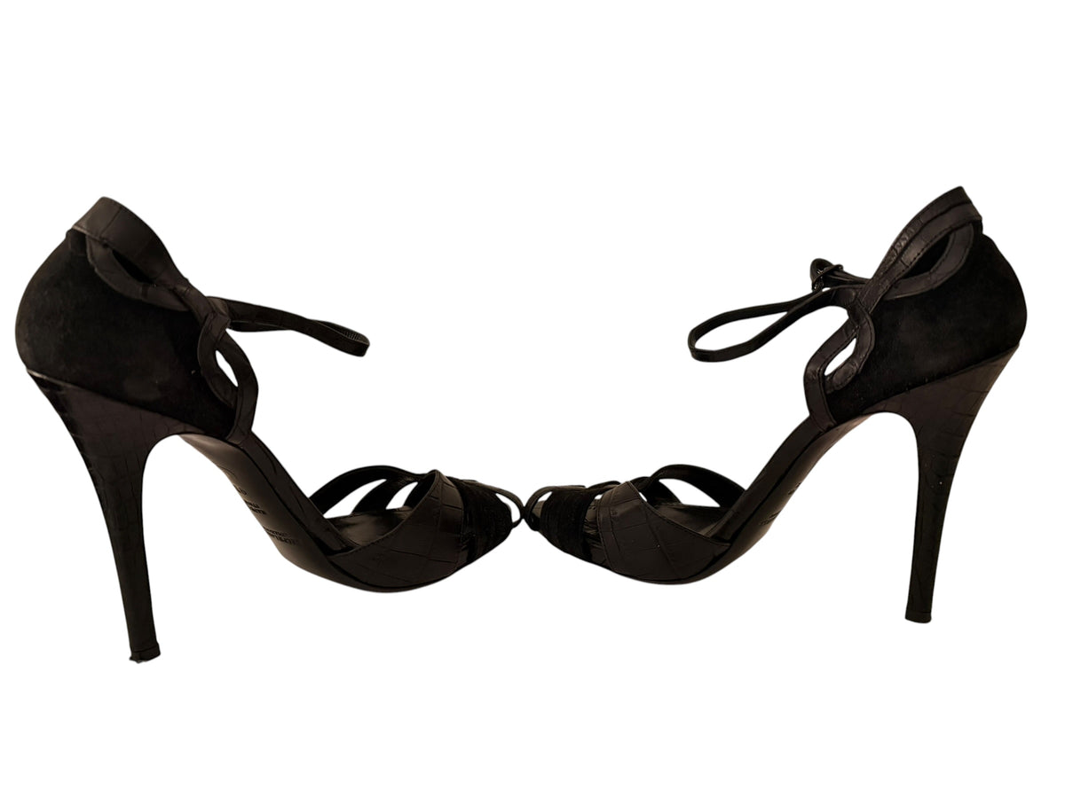 Ralph Lauren Collection Black High Heel Sandals Crocodile Embossed Leather Suede - Image 5
