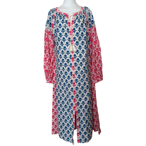 AISH Blue Pottery Handwoven Cotton Dress Blue Pink Oversized Midi - Size M/L