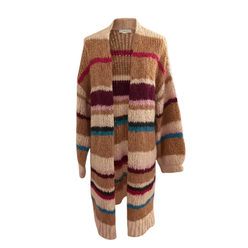 A chunky knit open-front cardigan sweater featuring horizontal stripes in brown, beige, burgundy, teal, and pink, displayed on a white background.