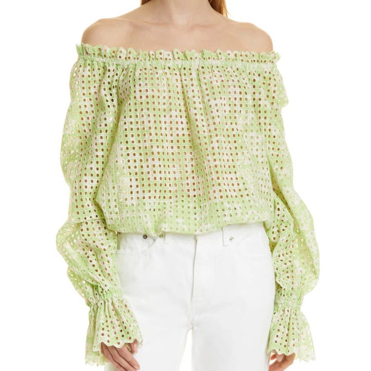 Ramy Brook Lucien Cotton Eyelet Green & White Top - Small