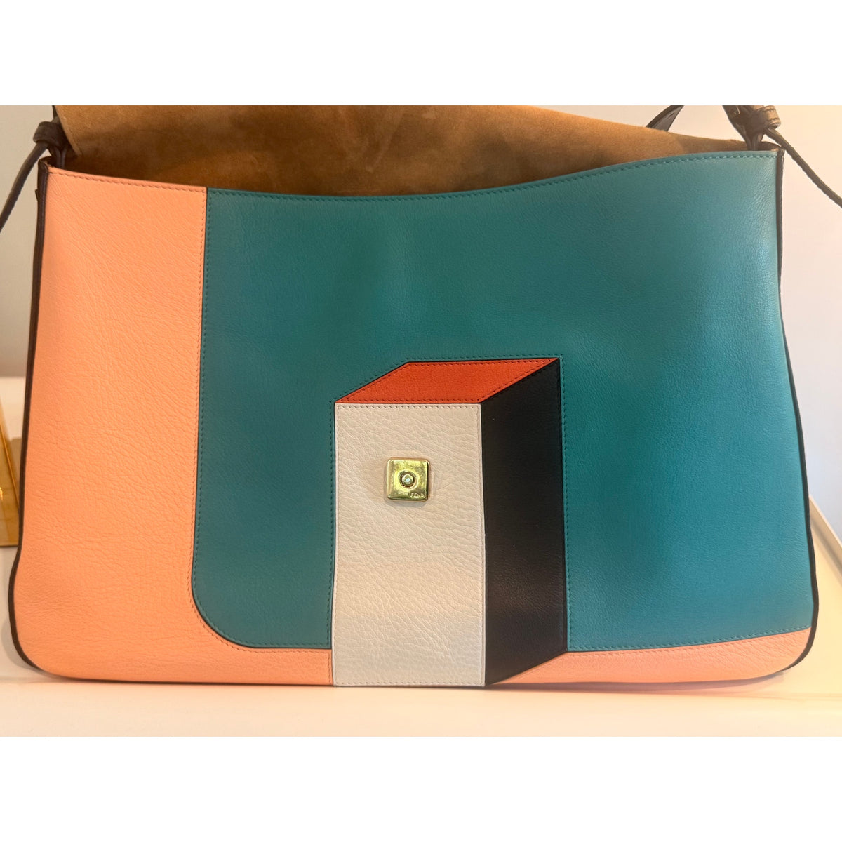 Fendi Peach Teal Coral Colorblock Leather Flap Shoulder Bag