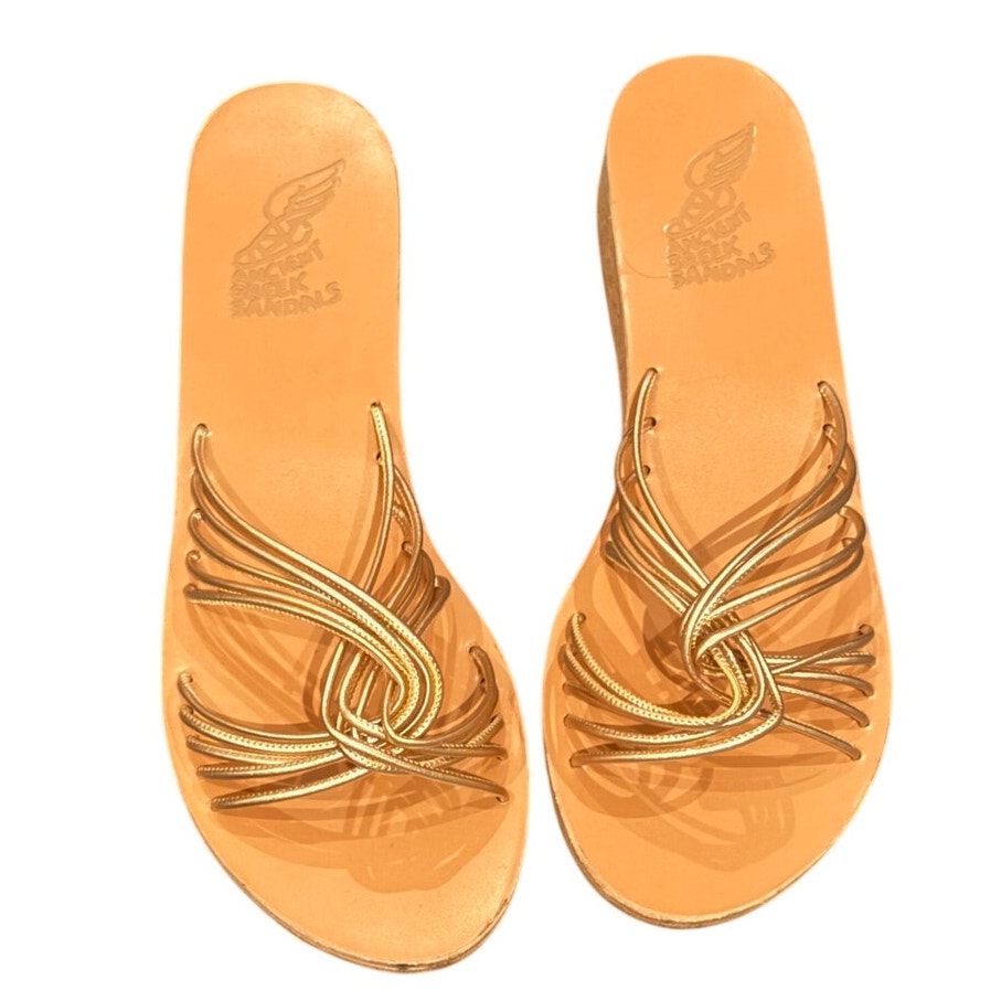 Ancient Greek Sandals Metallic Gold Strappy Cork Wedge Slides Size 42