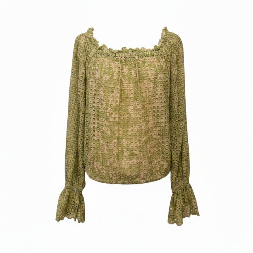 A green and beige patterned blouse with long sleeves and a smocked neckline, displayed on a beige mannequin torso against a white background.
