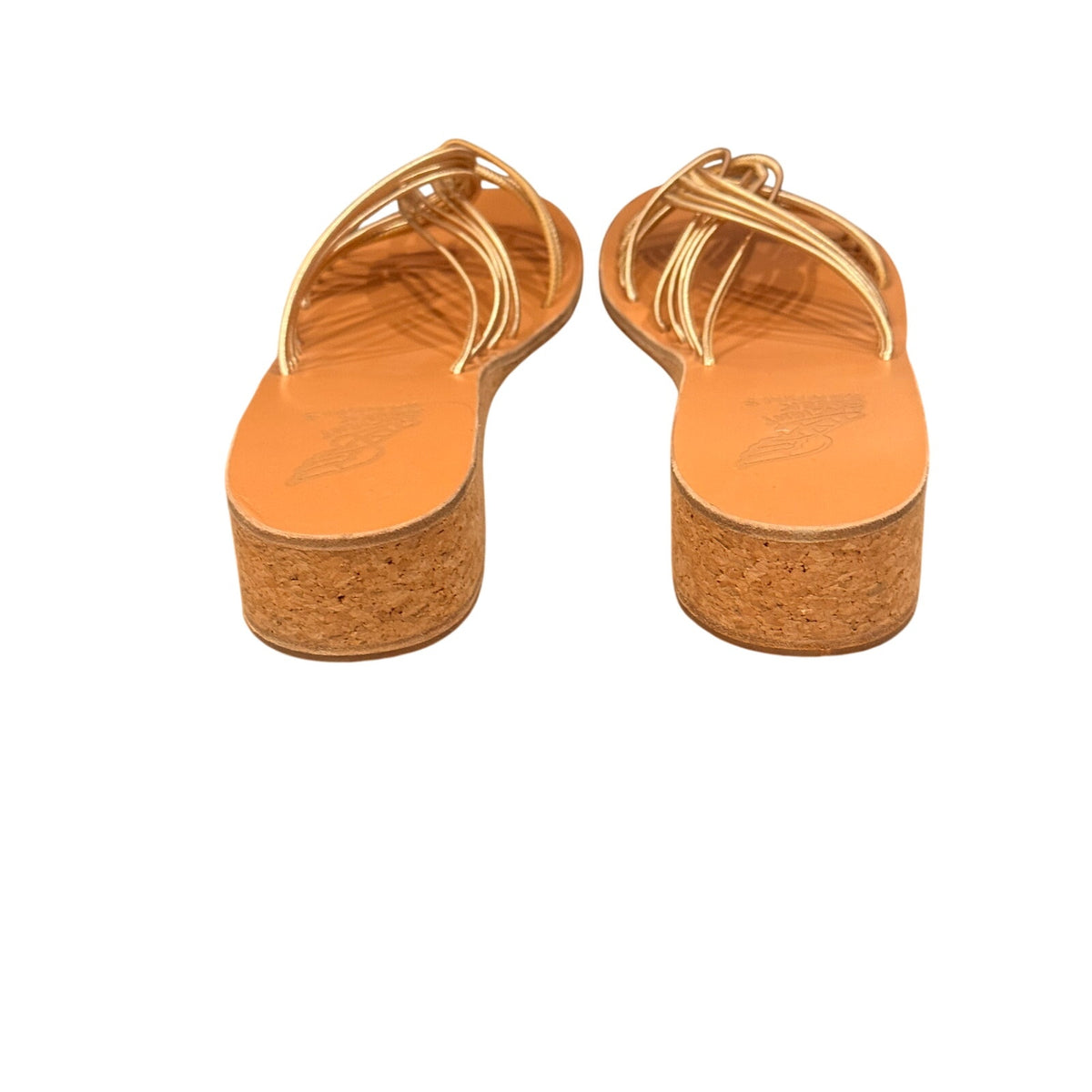 Ancient Greek Sandals Metallic Gold Strappy Cork Wedge Slides Size 42