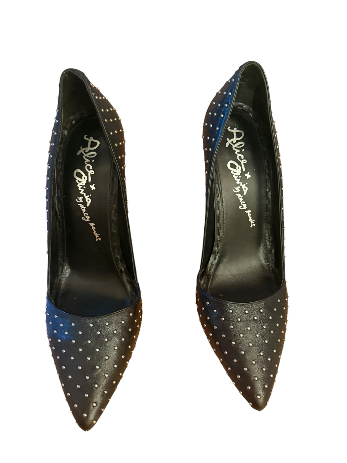 Bailey Grace Closet Concierge black leather pointed-toe stiletto pumps with silver micro-stud embellishments