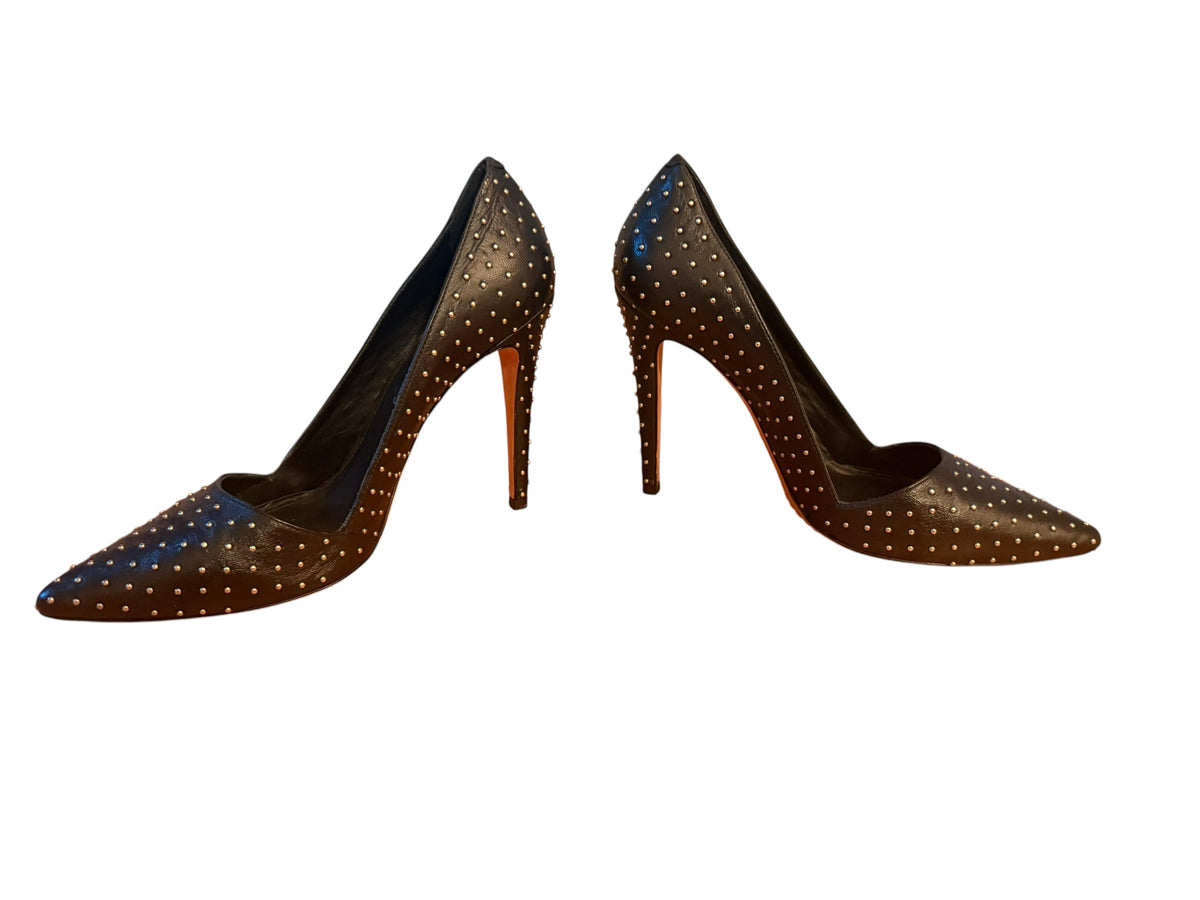 Bailey Grace Closet Concierge Alice + Olivia black leather stiletto pumps with silver micro-stud embellishments.