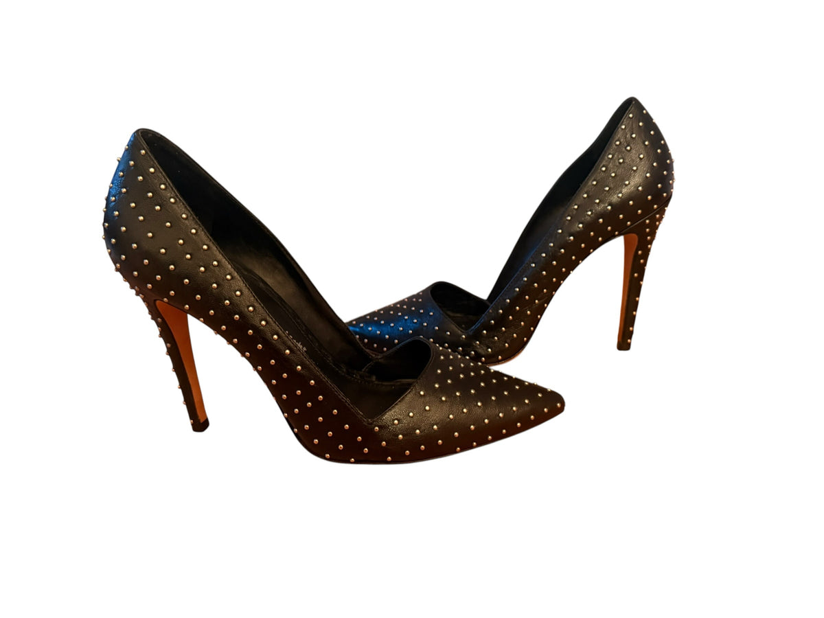 Bailey Grace Closet Concierge black leather stiletto pumps with silver micro-studs and a sharp pointed-toe design.