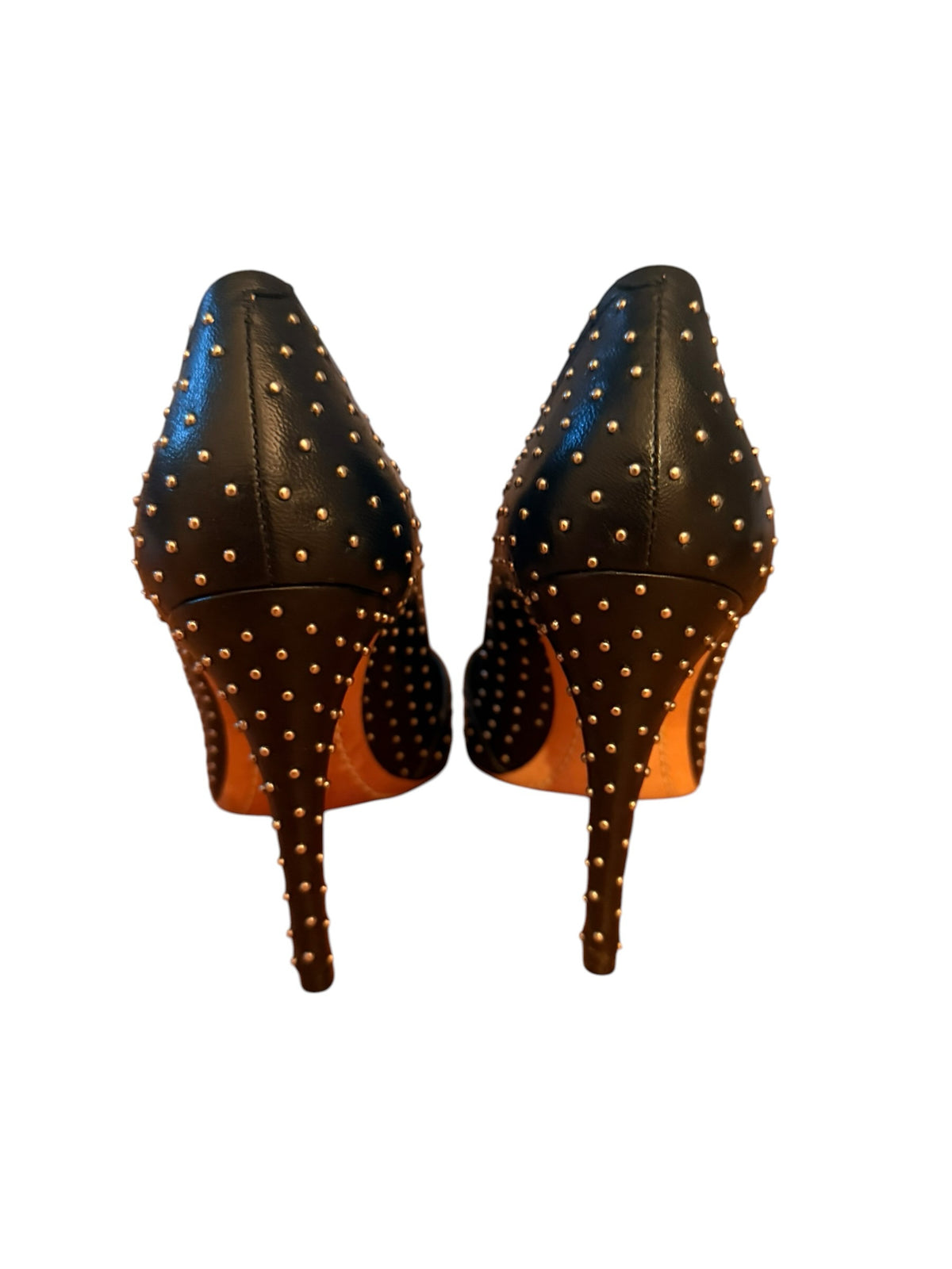 Bailey Grace Closet Concierge black leather stiletto pumps featuring silver micro-stud embellishments on heels and back