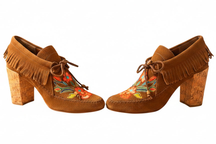Bailey Grace Closet Concierge brown suede Tory Burch moccasin heels with fringe, floral embroidery, and cork block heels