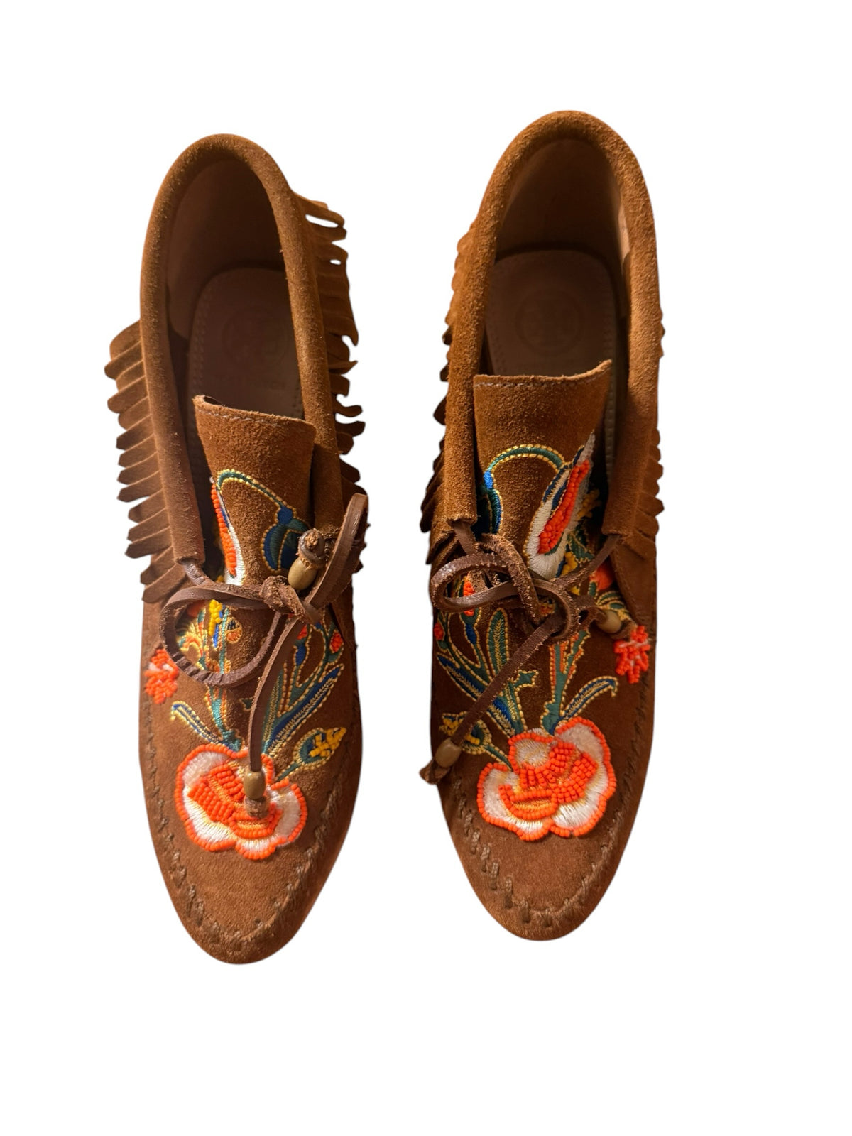 Bailey Grace Closet Concierge brown suede moccasins with vibrant floral embroidery, beadwork, and fringe trim.