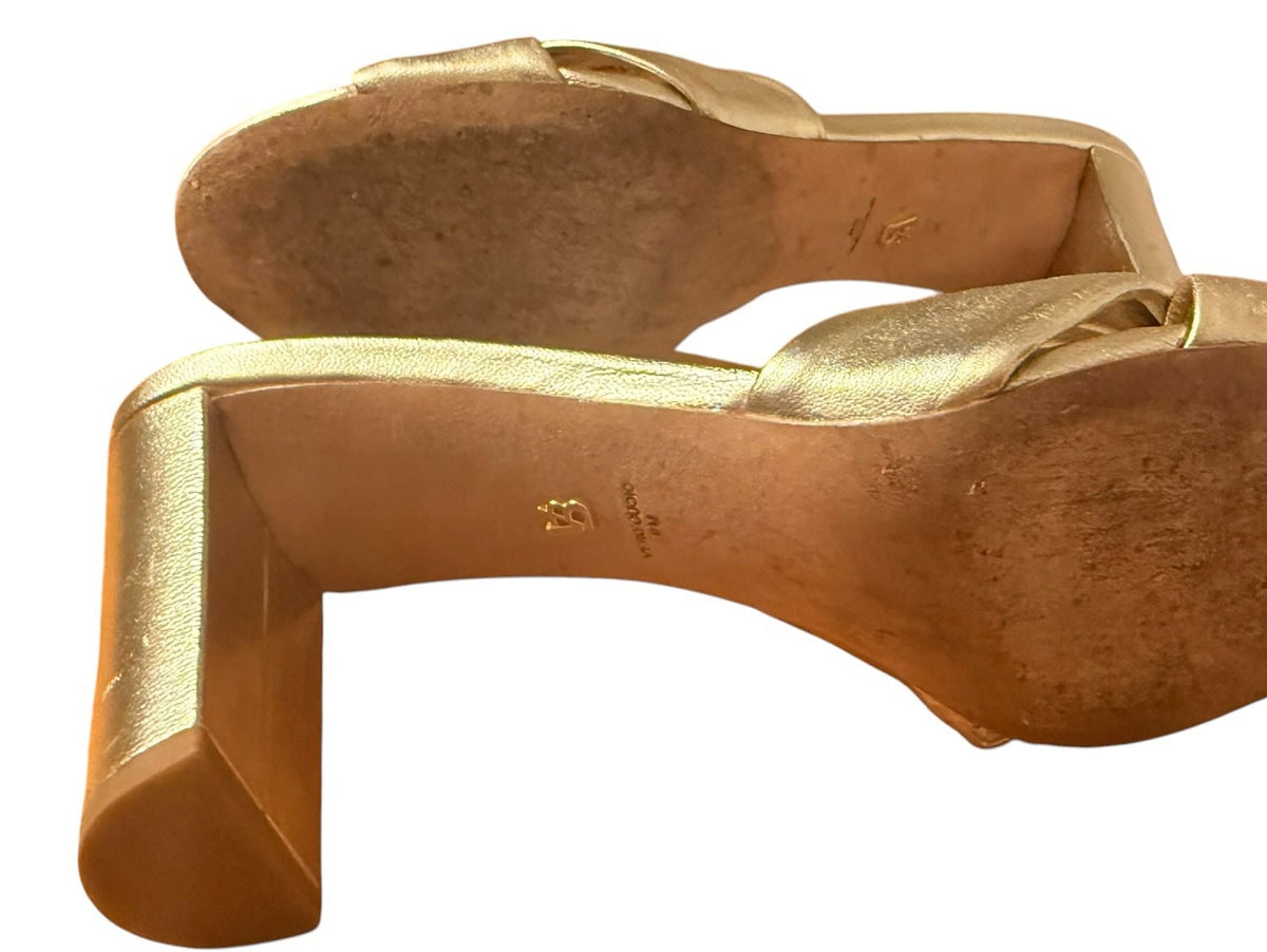 Bailey Grace Closet Concierge metallic gold Veronica Beard heeled mule sandals with a knotted strap and block heel.