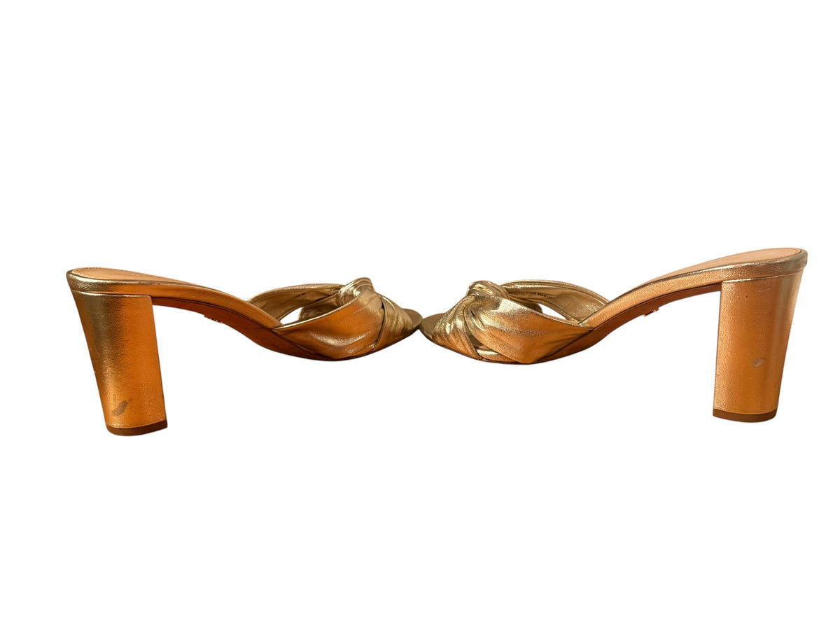Bailey Grace Closet Concierge metallic gold Veronica Beard heeled mule sandals with a chic knotted strap detail.