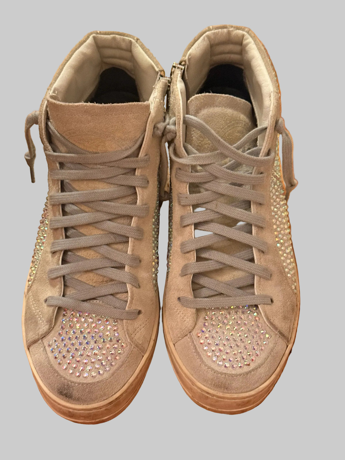 Bailey Grace Closet Concierge P448 grey suede high-top sneakers with iridescent crystal toe and side embellishments
