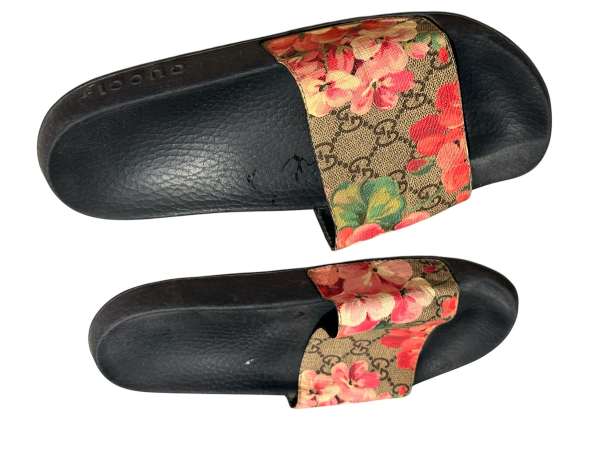 Bailey Grace Closet Concierge Gucci floral print rubber slide sandals with GG monogram canvas and black footbed.