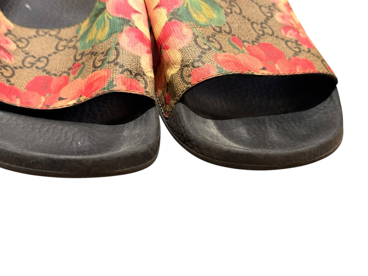 Bailey Grace Closet Concierge Gucci slide sandals featuring signature GG monogram canvas with vibrant floral print