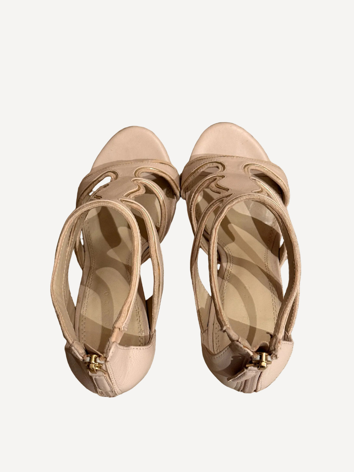 Bailey Grace Closet Concierge nude stiletto sandals with wavy cut-out straps and back-zip closure