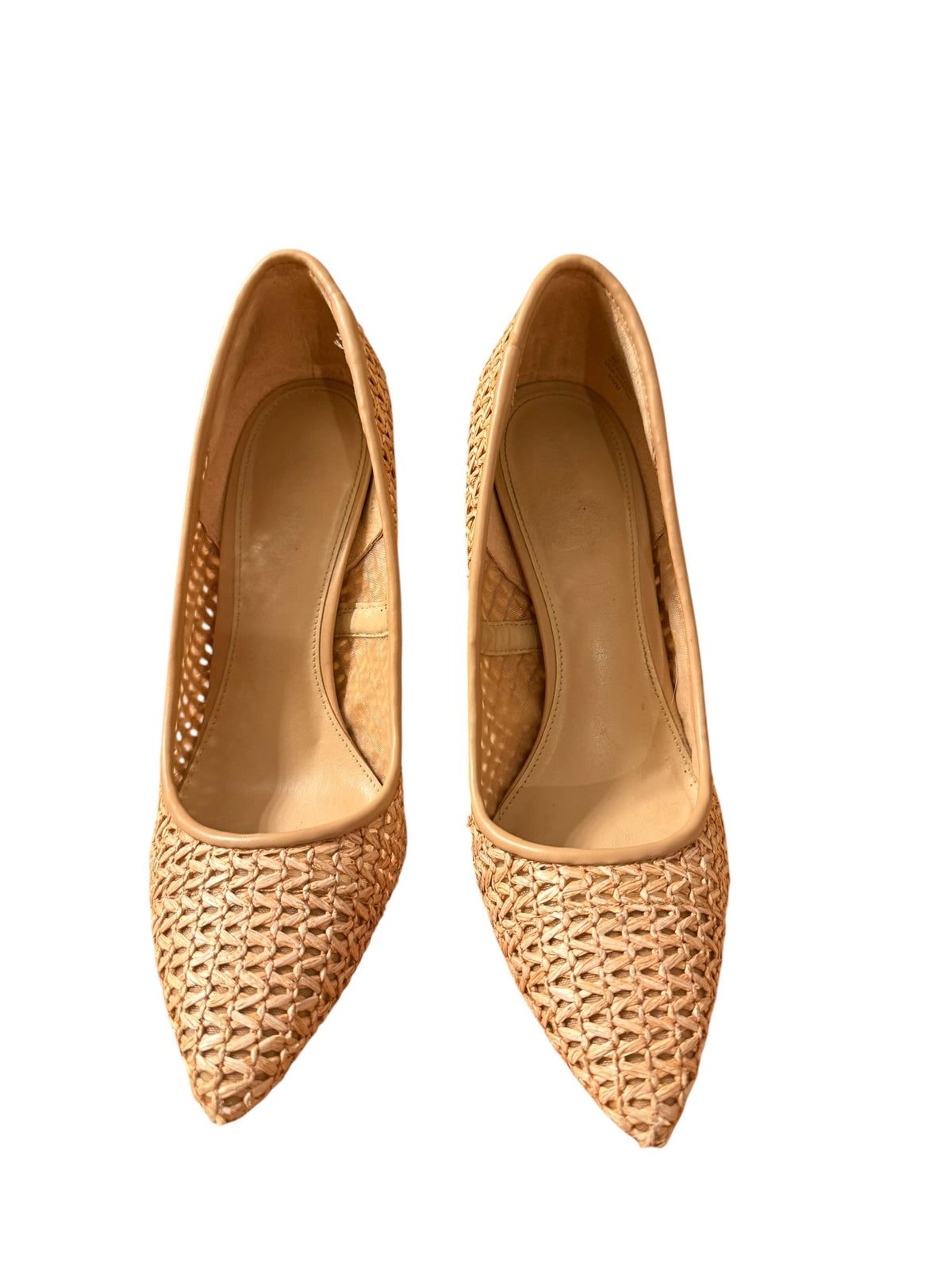 Bailey Grace Closet Concierge tan woven raffia pointed-toe stiletto pumps with a sophisticated artisanal texture.