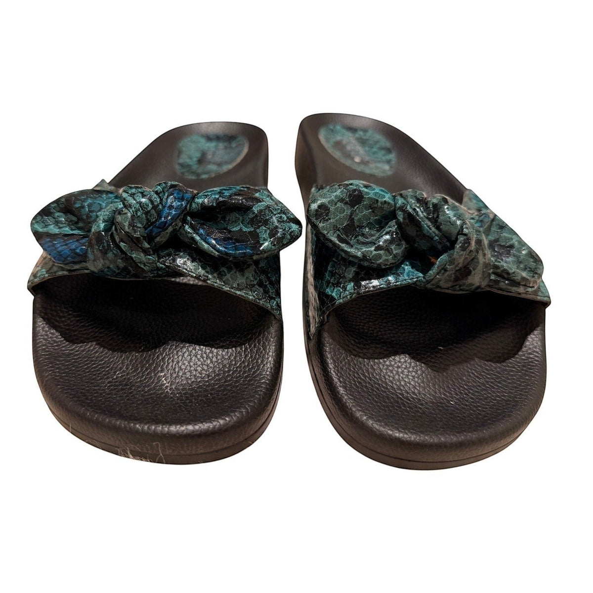 Bailey Grace Closet Concierge Messeca teal snake print slide sandals with a double knotted bow detail on black footbeds.