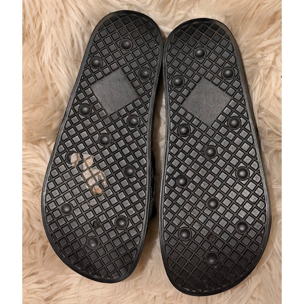 Bailey Grace Closet Concierge Messeca teal snake print slide sandals showing black textured rubber outsoles