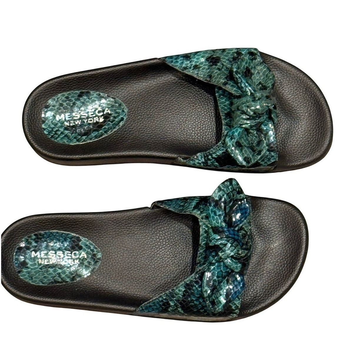 Bailey Grace Closet Concierge Messeca teal snake print slide sandals with double knotted bow detail and black footbed