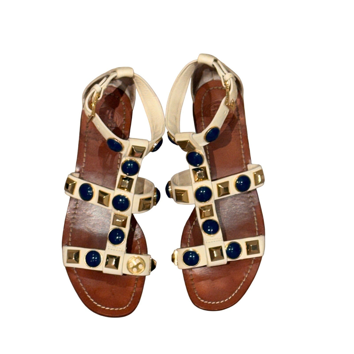 Bailey Grace Closet Concierge Tory Burch ivory leather gladiator sandals with cobalt blue stones and gold studs.