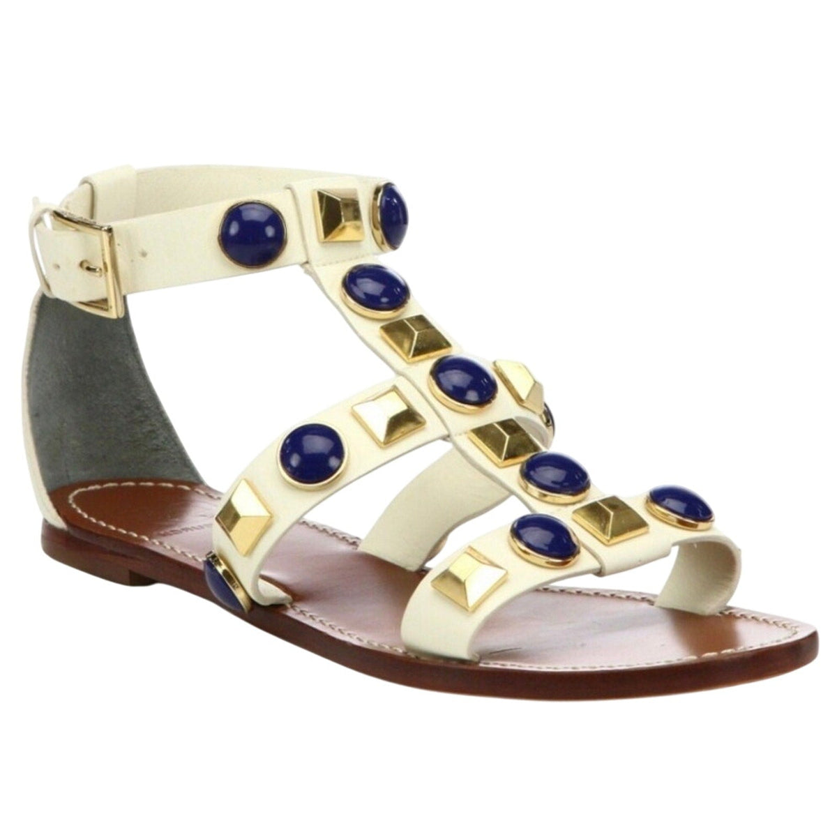 Bailey Grace Closet Concierge Tory Burch ivory leather gladiator sandals with cobalt blue stones and gold studs.