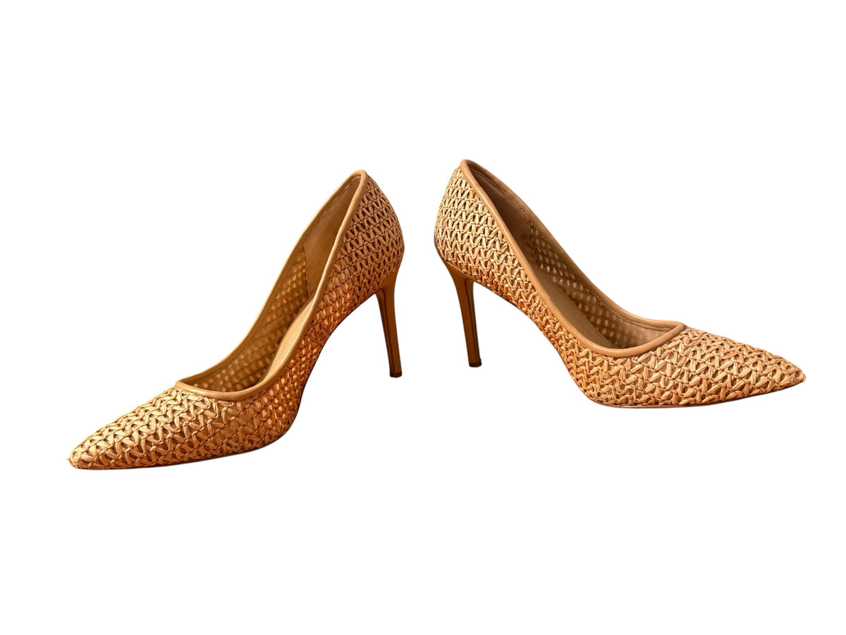 Bailey Grace Closet Concierge tan woven raffia pointed-toe stiletto pumps with a sophisticated textured finish.