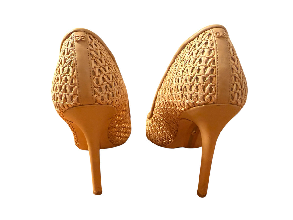 Bailey Grace Closet Concierge tan woven raffia stiletto pumps with a pointed toe and sleek heel design