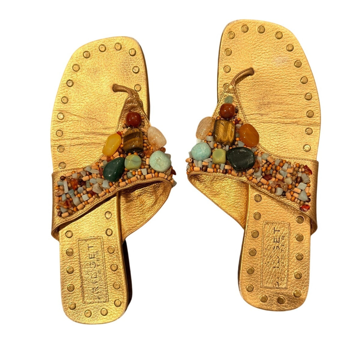 Bridget Sandals - Handcrafted Gold Multicolor Beaded Sandals Size 10