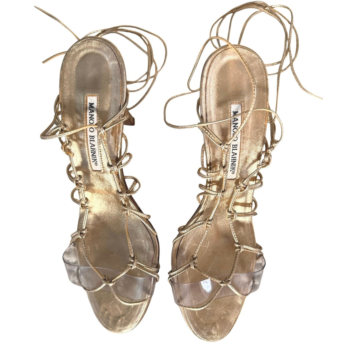 Manolo Blahnik Gold Metallic Caged Ankle-Tie Stiletto Sandal EU 41