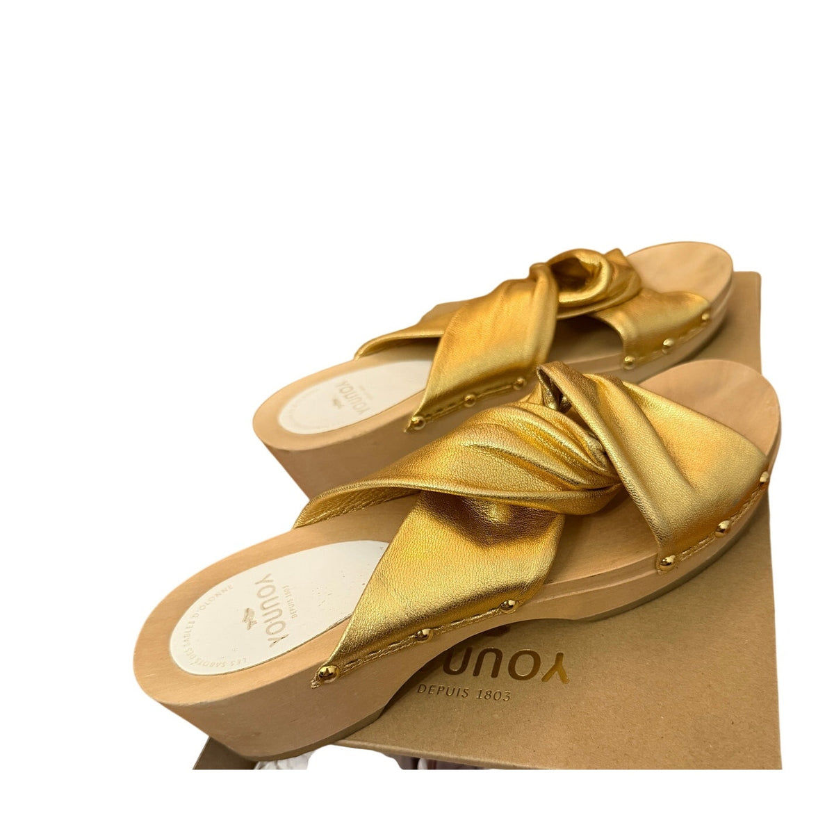 YouYou Depuis 1803 Gold Metallic Leather Knot Clog Mule EU 38/ US 8