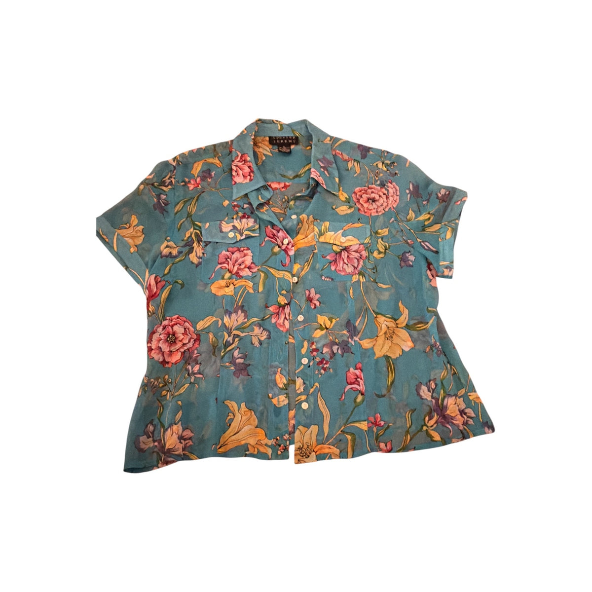 Spenser Jeremy Aqua Floral Silk Blouse XL (Fits M/L)